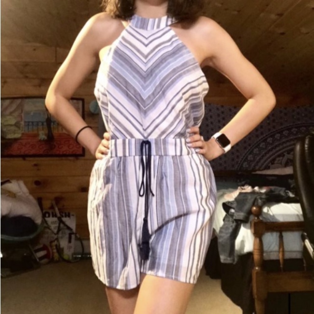 NWT Crystal Sky Womens Size Small Striped romper blue and white